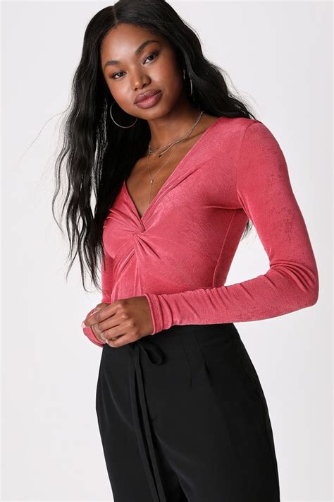 Rose Pink Bodysuit Twist Front Top Womens Tops Knit Top Lulus