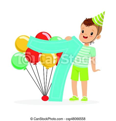Adorable Seven Year Old Boy Celebrating His Birthday Colorful Cartoon