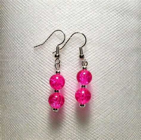 Hot Pink Crackle Glass Bead Earrings With Silver Glass Bead Etsy