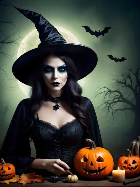 premium photo beautiful woman in witch costume with halloween makeup halloween candle pumpkins