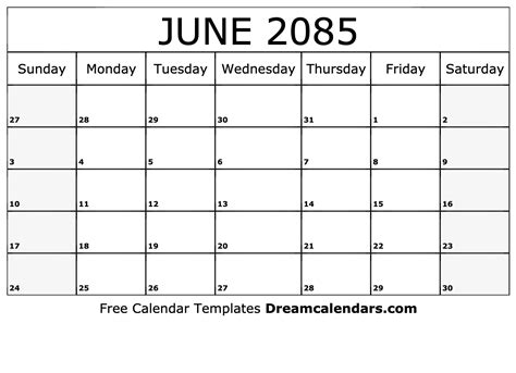 June 2085 Calendar Free Blank Printable With Holidays