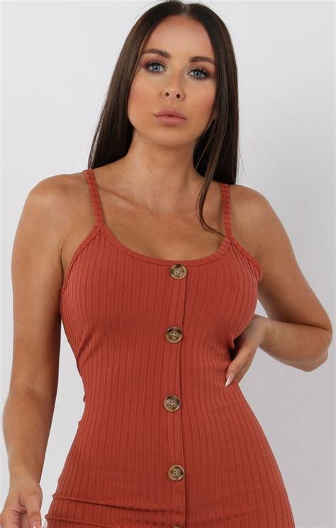 Rust Ribbed Knit Button Detail Maxi Dress Maxi Dresses Femme Luxe