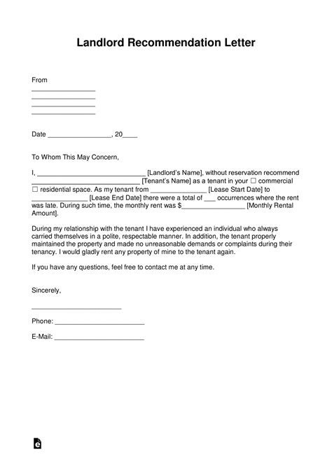 Printable Free Landlord Recommendation Letter For A Tenant With Rental Reference Form Template