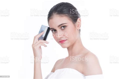 Beautiful Women Showing Credit Card Isolated On White Background Stock