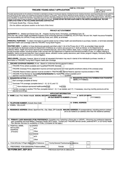 Fillable Dd Form 2947 Tricare Young Adult Application Printable Pdf
