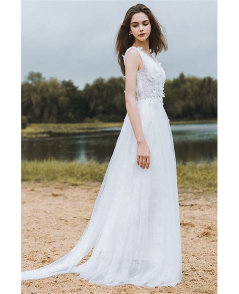 Fortunately, there are plenty of choices for suitable beach weddings are considered more informal than their church counterparts. Flowy A Line Lace Beach Wedding Dress Boho Low Back 2018 ...