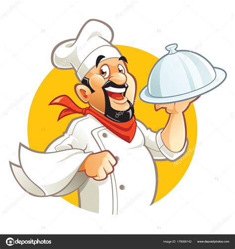 Smiling Chef Cartoon Character Holding Silver Platter Stock Vector