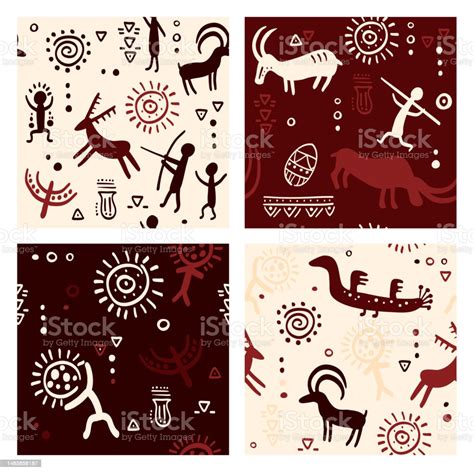 Set Of Seamless Pattern With Prehistoric Petroglyphs Humans And Animals