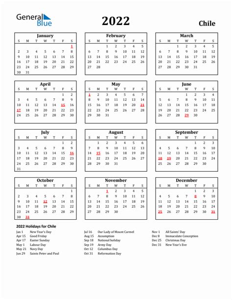 2022 Chile Calendar With Holidays