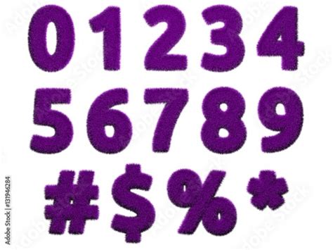 Purple Fur Numerals And Symbols On White Background Isolated Digital