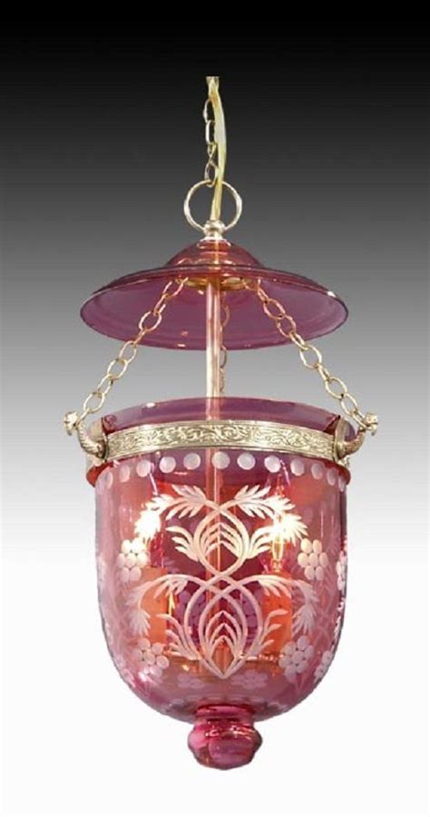 Bell Jar Light Chandelier Pendant Lantern Brass Cranberry Glass Antique