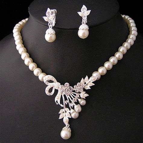 Female Jewelry Set Crystal Pearl Silver Plated Necklace Earrings