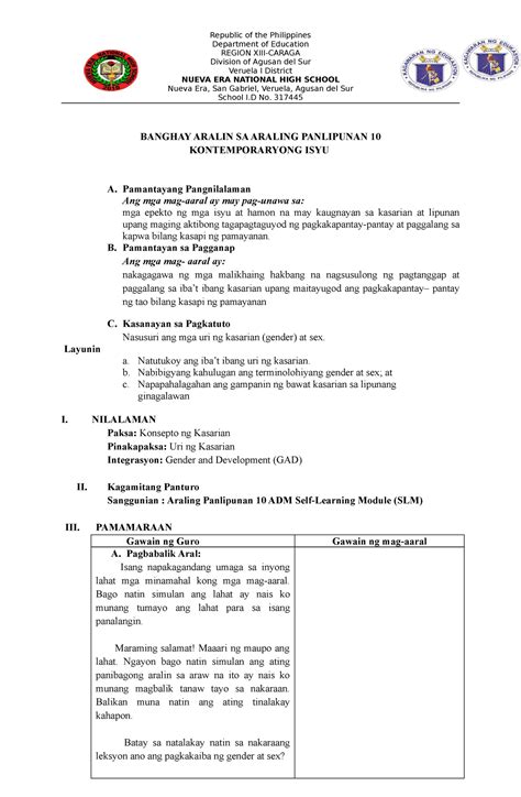 Araling Panlipunan 10 Detailed Lesson Plan With Gad Integration