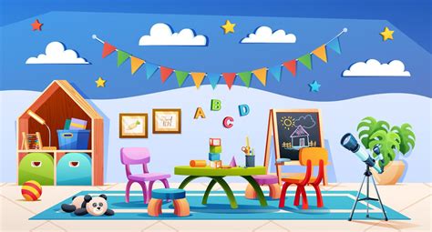Kids Playroom Interior With Furniture And Equipment For Games And