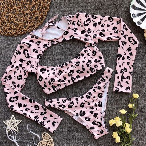 2019 New Pink Leopard Bikini 3 Piece Low Waisted Bathing Suits Cheetah