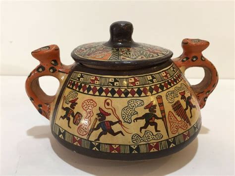 Vintage Cuzco Peru Ceramic Handpainted Jaguar Handles Vessel Jar Pot W
