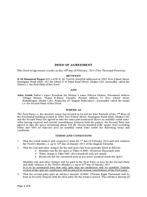 Deed Of Agreement Template