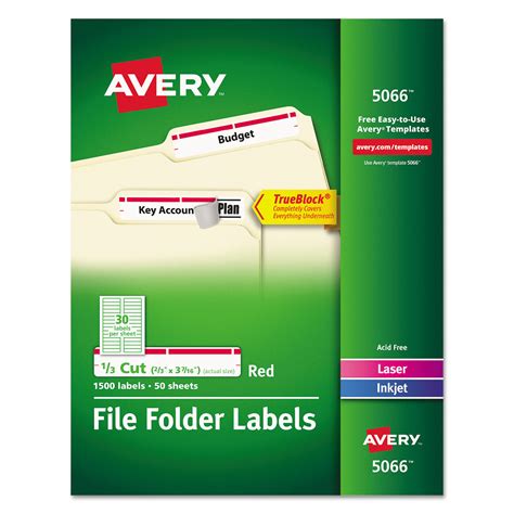 Avery Permanent File Folder Labels Trueblock Inkjetlaser Red 1500