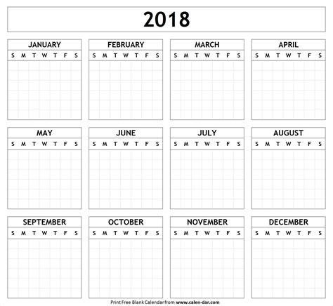 2018 Blank Calendar Template Yearly Calendar Template Printable