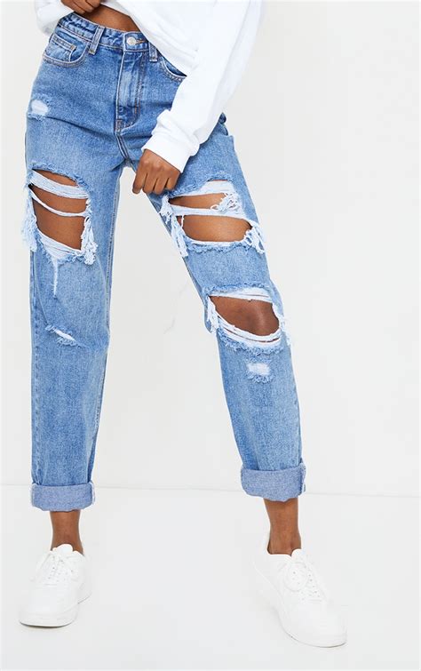 Plt Tall Mid Blue Ripped Jeans Prettylittlething Usa