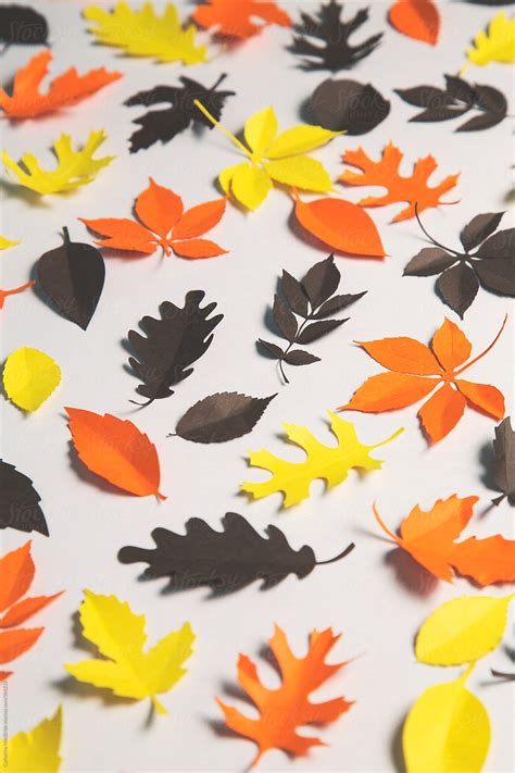 Paper Autumn Leaves In Orange Brown And Yellow By Stocksy