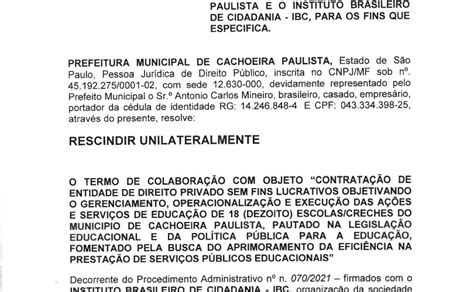 Termo De Rescis O Unilateral Prefeitura Municipal De Cachoeira Paulista