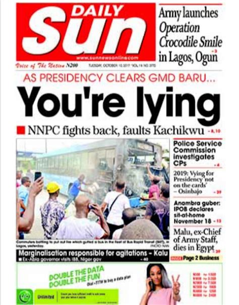 Naija Newspapers Todays The Daily Sun Newspaper Headlines 10th
