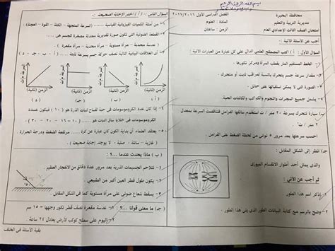 محافظه البحيره مدرسه محمد عيسى موسى للصف الأول الاعدادى رقم الجلوس 7. امتحان العلوم للصف الثالث الإعدادى نصف العام 2017 محافظة ...