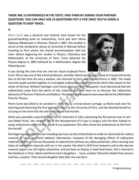 Marie Curie Biography Reading Comprehension Worksheet