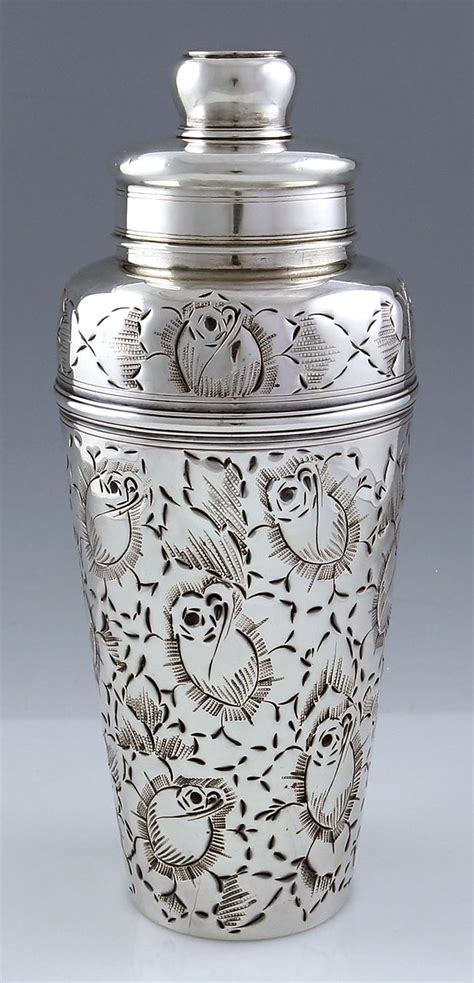 Large Tiffany Sterling Silver Cocktail Shaker With Chased Roses