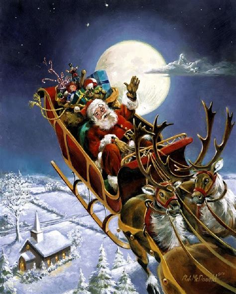 christmas with santa claus and reindeer flying christmas scenes christmas art vintage