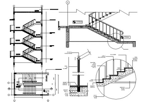 Staircases For Three Story Building Sections And Construction Drawing