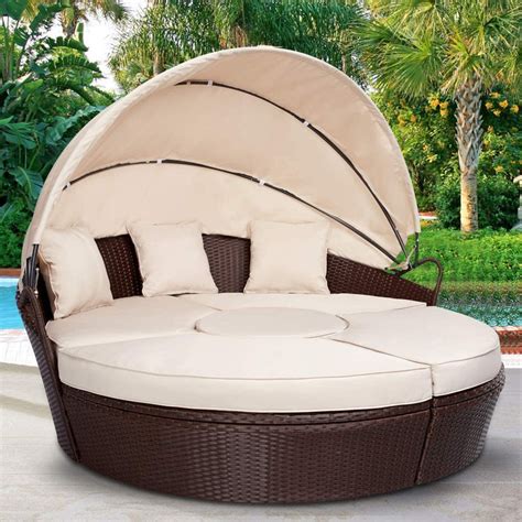 Outdoor Round Daybed With Retractable Canopy Patio Round Chaise Loung