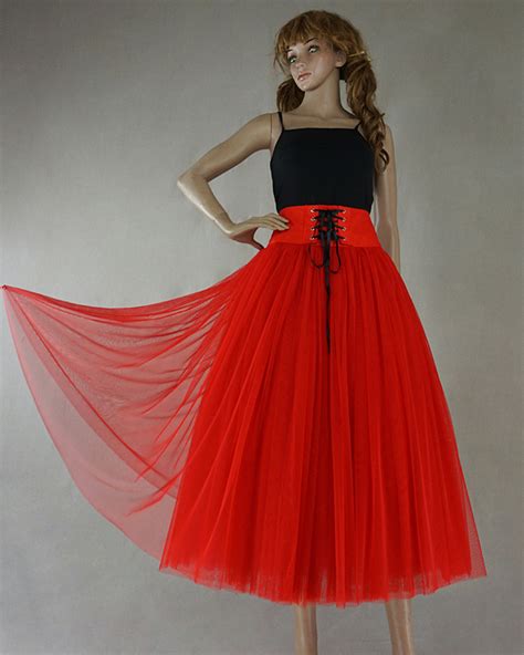8 Layer Red Tulle Skirt Women High Waist Tulle Outfit Red Maxi Skirt