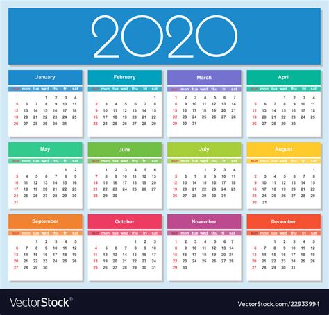 Colorful Year 2020 Calendar Royalty Free Vector Image