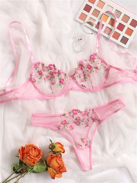 Pink Collar Floral Sexy Sets Embellished Slight Stretch Women Sexy