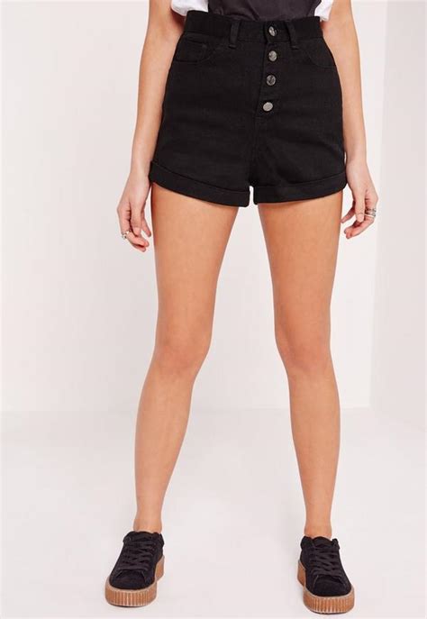 Button Front High Waisted Denim Shorts Black Missguided
