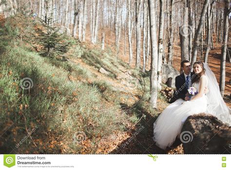 Gorgeous Wedding Couple Kissing And Hugging In Forest With Big Rocks