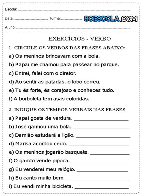 Atividades De Português 5° Ano Verbos SÓ Escola