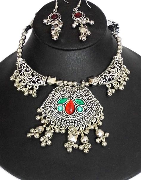 Buy Oxidized Metal Navratri Jewellery Set Redandgreen Beadsandtassels Online