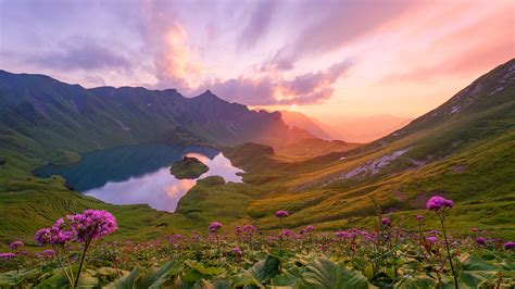 Schrecksee Lake With Mountains Against Sky At Sunset Allgäu High Alps