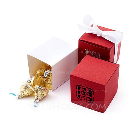 Double Happiness Cutout Cubic Favor Boxes With Ribbons Set Of