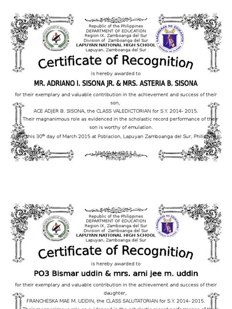Certificate Of Recognition Parents Philippines Personal Growth