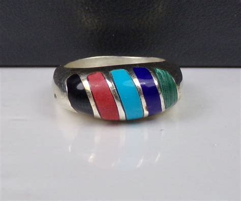 Mexico Sterling Silver Ring Turquoise Coral Onyx Solid 925 Multi Stone