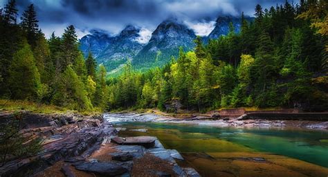 Hd Wallpaper Mountains Clouds Forest River Trees Spring Green