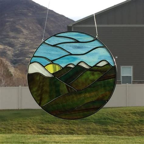 Stained Glass Snow Topped Mountains Suncatcher Mountain Scene By