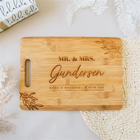 Personalized Script Last Name Rectangle Bamboo Cutting Board Happily