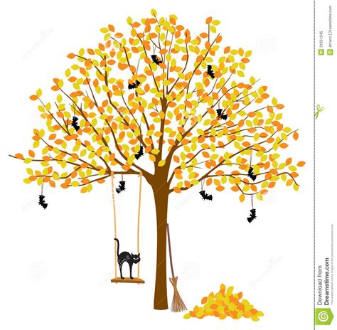 Tree With Autumn Leaves And Halloween Decorations Stock