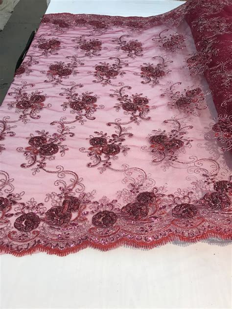 Burgundy Embroidered Mesh Lace Flower Design With Sequins By Etsy