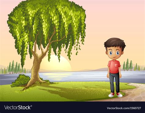 A Boy Standing Near Giant Tree Royalty Free Vector Image
